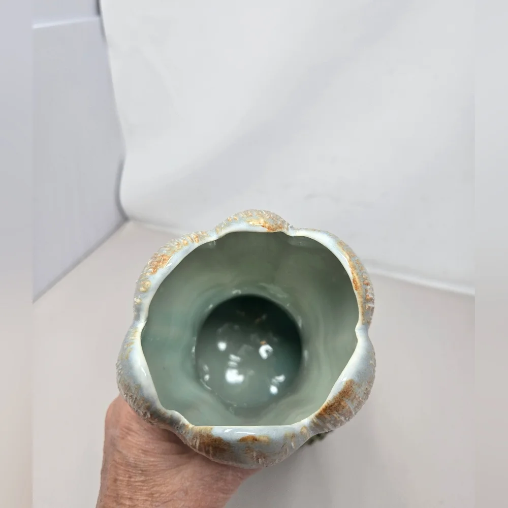 Unique One Of A Kind Ceramic Vase Tulip Shape Top 3D Polka Dots Of Green 3 Legs
